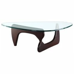 Interior Modern Abstract Triangle Glass Top Modern Coffee Table Wooden Base, Dark Walnut