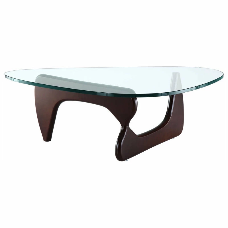 Interior Modern Abstract Triangle Glass Top Modern Coffee Table Wooden Base, Dark Walnut