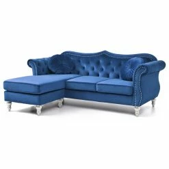 Glory Furniture Hollywood Velvet Tufted Sofa With Reversible Chaise, Navy Blue