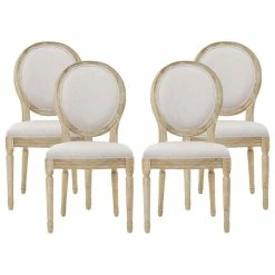 GDFStudio Jerome French Country Dining Chairs, Set Of 4, Beige/Natural, Fabric, Rubberwood