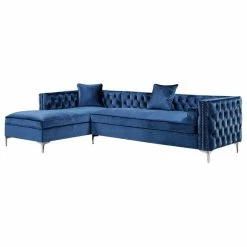 Inspired Home Jeannie Velvet Tufted With Nailhead Trim Sectional, Navy, Left Facing Chaise