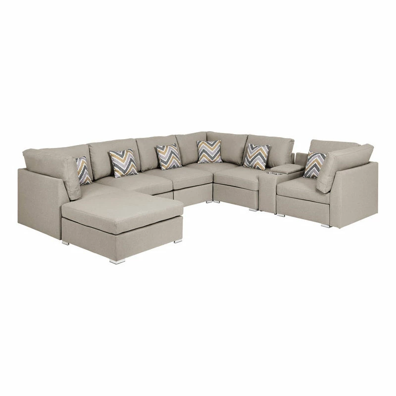 Lilola Home Amira Beige Linen Fabric Reversible Sectional Sofa With USB Storage Console