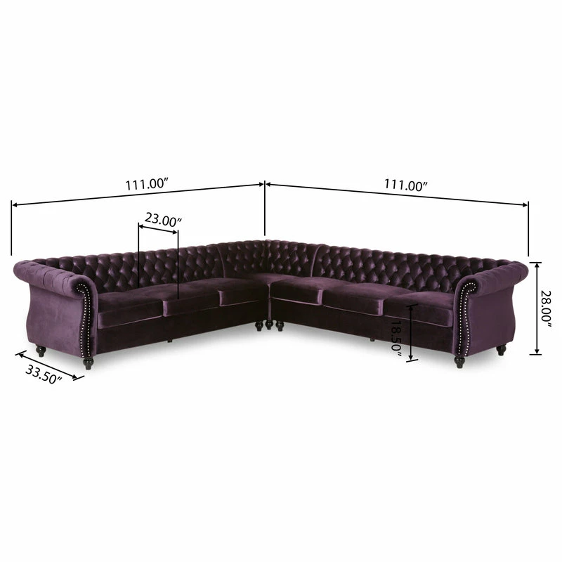GDFStudio Annabelle 7 Seater Velvet Tufted Chesterfield Sectional, Blackberry, Dark Brown - Image 3