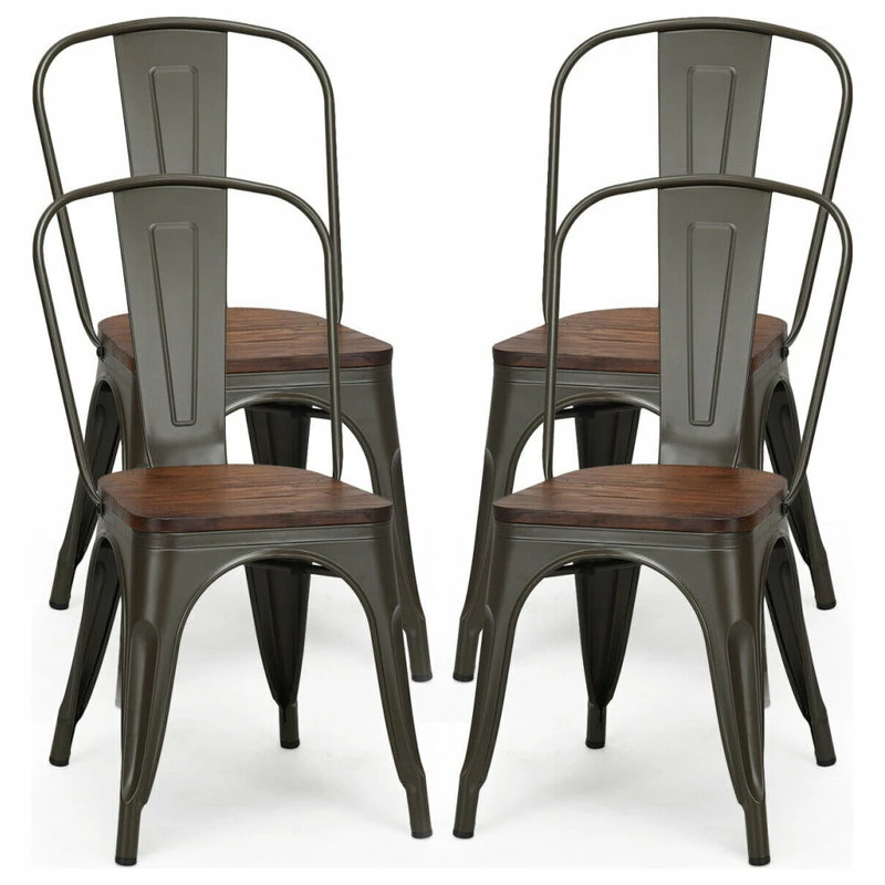 Costway Set Of 4 Style Metal Dining Side Chair Wood Seat Stackable Bistro Cafe - Image 3