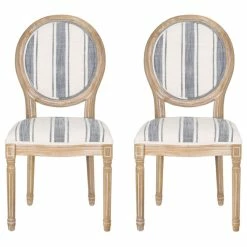 GDFStudio Lariya French Country Fabric Dining Chairs (Set Of 2), Dark Blue Line + Natural