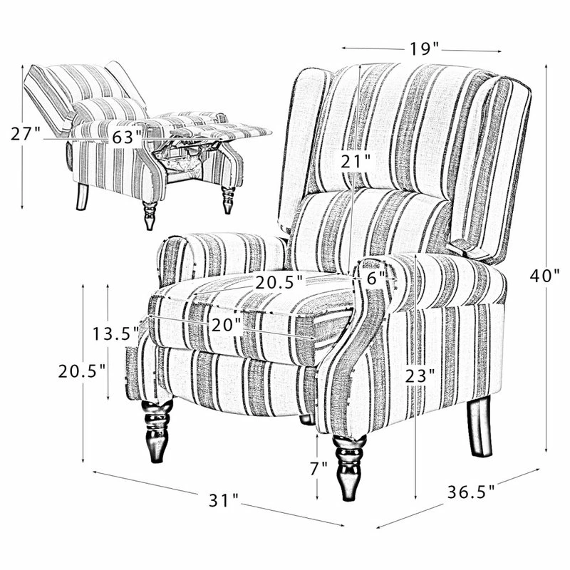 Karat Home Modern Wingback Recliner, Stripe Navy - Image 10