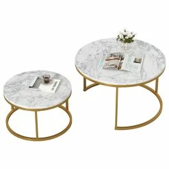 CIPACHO 29 .5" Golden Frame Marble Color Top Round Wood Coffee Table, 2-Piece Set