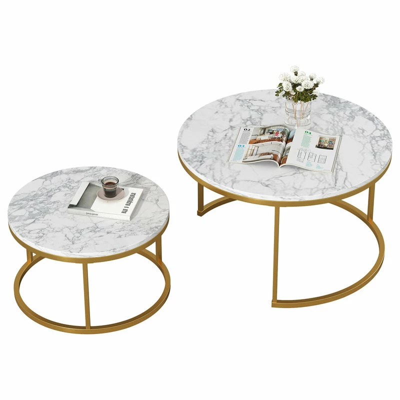 CIPACHO 29 .5" Golden Frame Marble Color Top Round Wood Coffee Table, 2-Piece Set