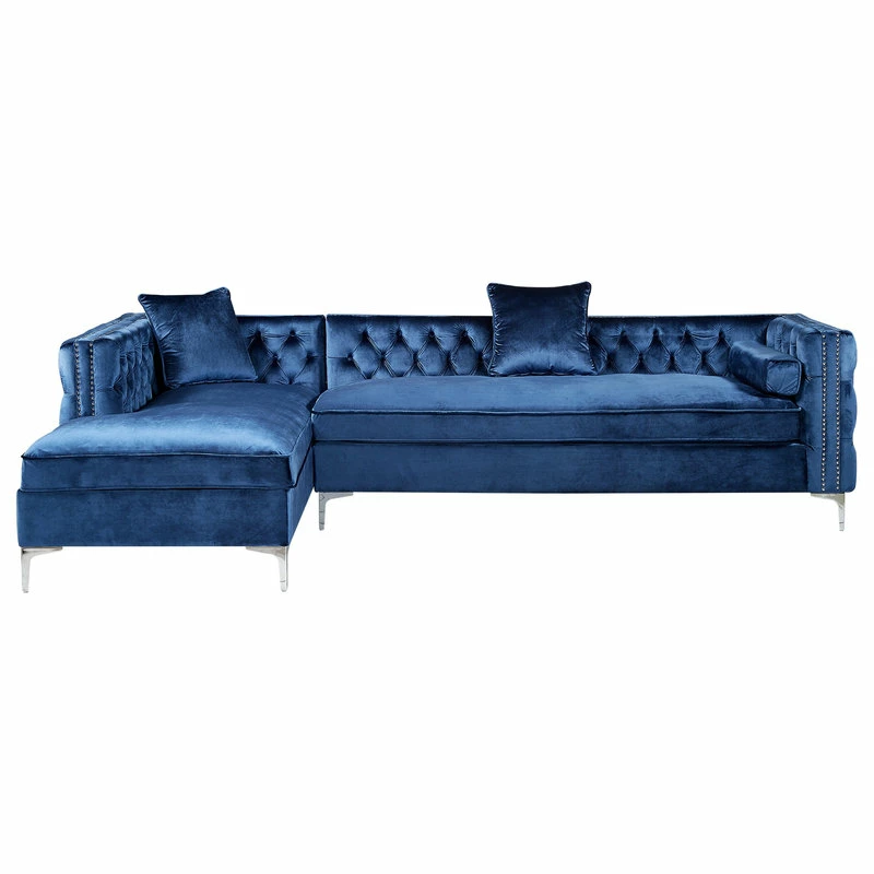 Inspired Home Jeannie Velvet Tufted With Nailhead Trim Sectional, Navy, Left Facing Chaise - Image 4