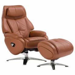 World Source Design LLC Melbourne Top Grain Leather Ergonomic Manual Recliner & Ottoman Set, Tan/Silver