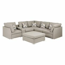 Lilola Home Amira Beige Fabric Reversible Sectional Sofa W USB Storage Console And Ottoman