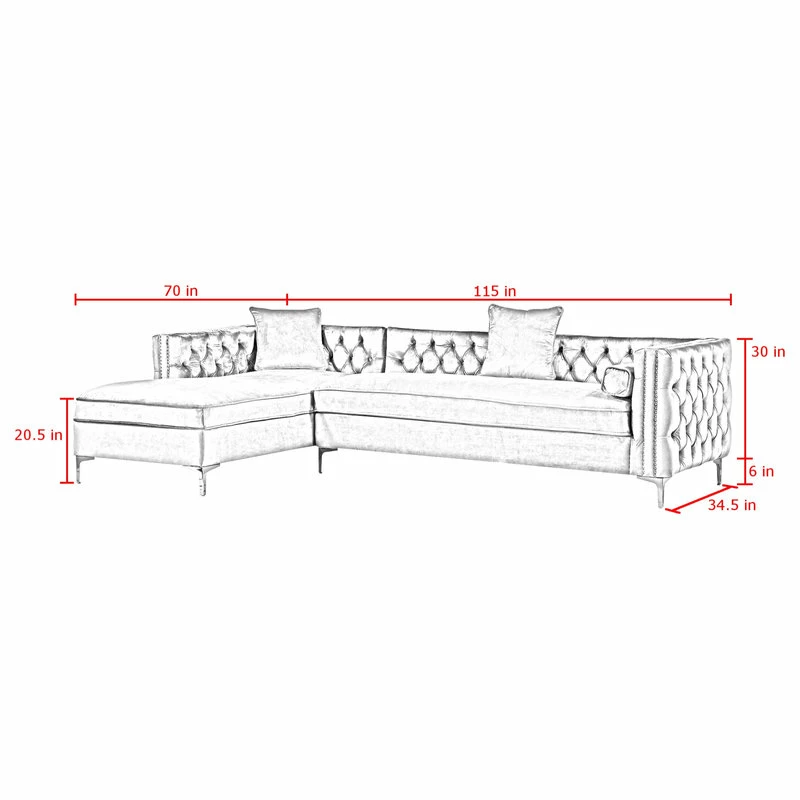 Inspired Home Jeannie Velvet Tufted With Nailhead Trim Sectional, Navy, Left Facing Chaise - Image 9