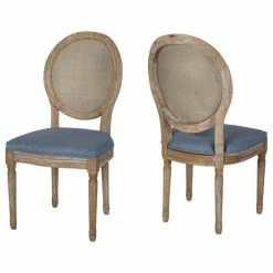 GDFStudio Camilo Wooden Dining Chair With Wicker And Fabric Seating, Set Of 2, Light Blue