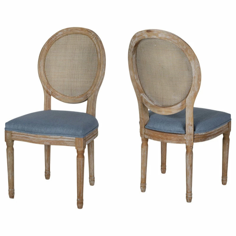 GDFStudio Camilo Wooden Dining Chair With Wicker And Fabric Seating, Set Of 2, Light Blue
