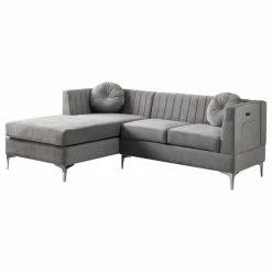 Lilola Home Chloe Velvet Sectional Sofa Chaise With USB Charging Port, Gray