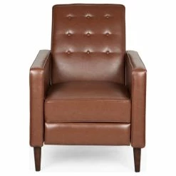 GDFStudio GDF Studio Macedonia Mid-Century Modern Button Tufted Fabric Recliner, Cognac/Espresso Faux Leather