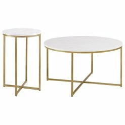 Walker Edison 2-Piece Round Coffee Table Set, White Faux Marble/Marble/Gold
