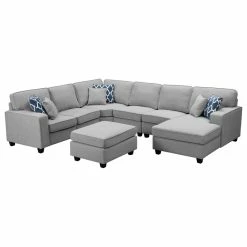 Lilola Home Willowleaf 7Pc Modular Sectional Sofa Chaise Ottoman, Light Gray Linen