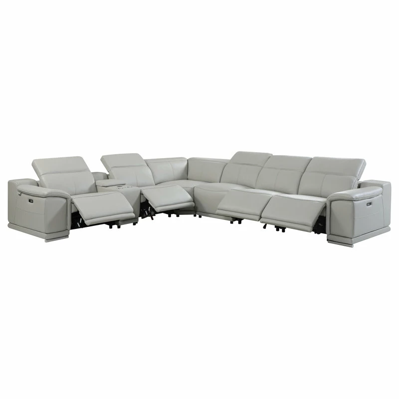 Luxuriant Furniture Frederico Genuine Italian Leather 7-Piece 1 Console 4-Power Reclining Sectional, Light Gray