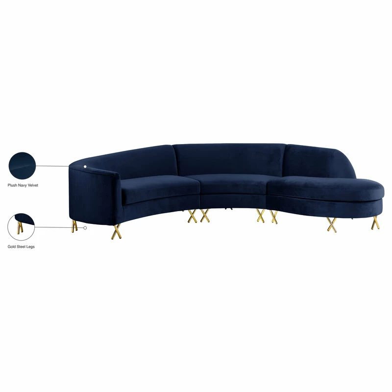 Meridian Furniture Serpentine Velvet 3-Piece Sectional, Navy - Image 6