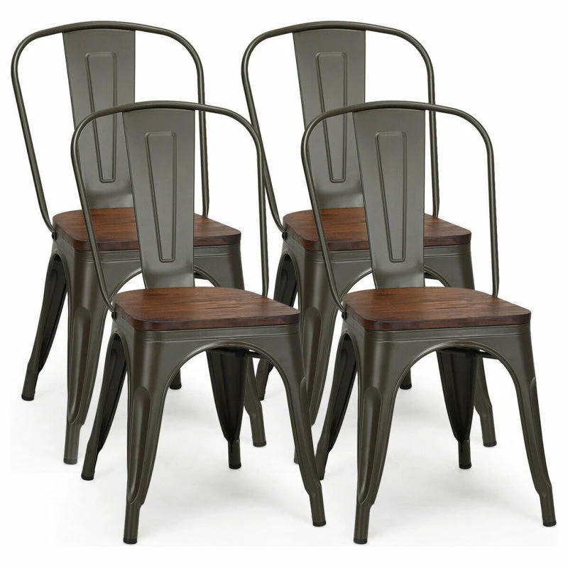 Costway Set Of 4 Style Metal Dining Side Chair Wood Seat Stackable Bistro Cafe