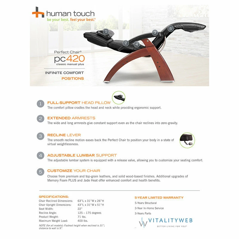 Human Touch PC-420 Perfect Chair Walnut Zero-Gravity Recliner Cognac Premium - Image 5
