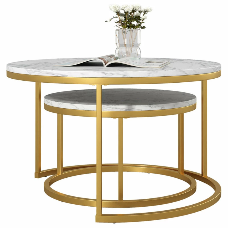CIPACHO 29 .5" Golden Frame Marble Color Top Round Wood Coffee Table, 2-Piece Set - Image 3