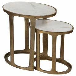 Zodax "Nikki" 2-Piece Aluminum Nesting Table Set, Oval Shaped With Marble Top