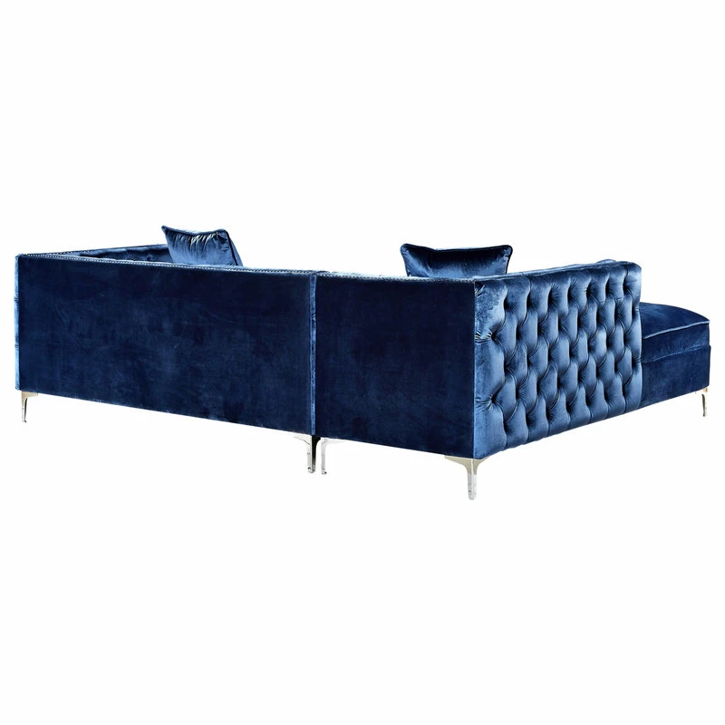 Inspired Home Jeannie Velvet Tufted With Nailhead Trim Sectional, Navy, Left Facing Chaise - Image 7