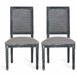 GDFStudio Brownell French Country Wood And Cane Upholstered Dining Chair, Set Of 2, Gray