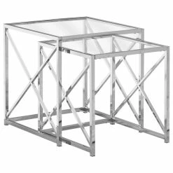 Monarch Specialties Nesting Table Set Of 2 Side End Accent Metal Tempered Glass Chrome Clear