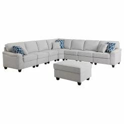 Lilola Home Leo Light Gray Linen Fabric 8Pc Modular L-Shape Sectional Sofa And Ottoman