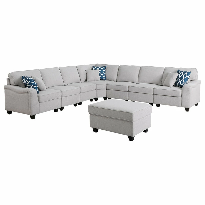 Lilola Home Leo Light Gray Linen Fabric 8Pc Modular L-Shape Sectional Sofa And Ottoman