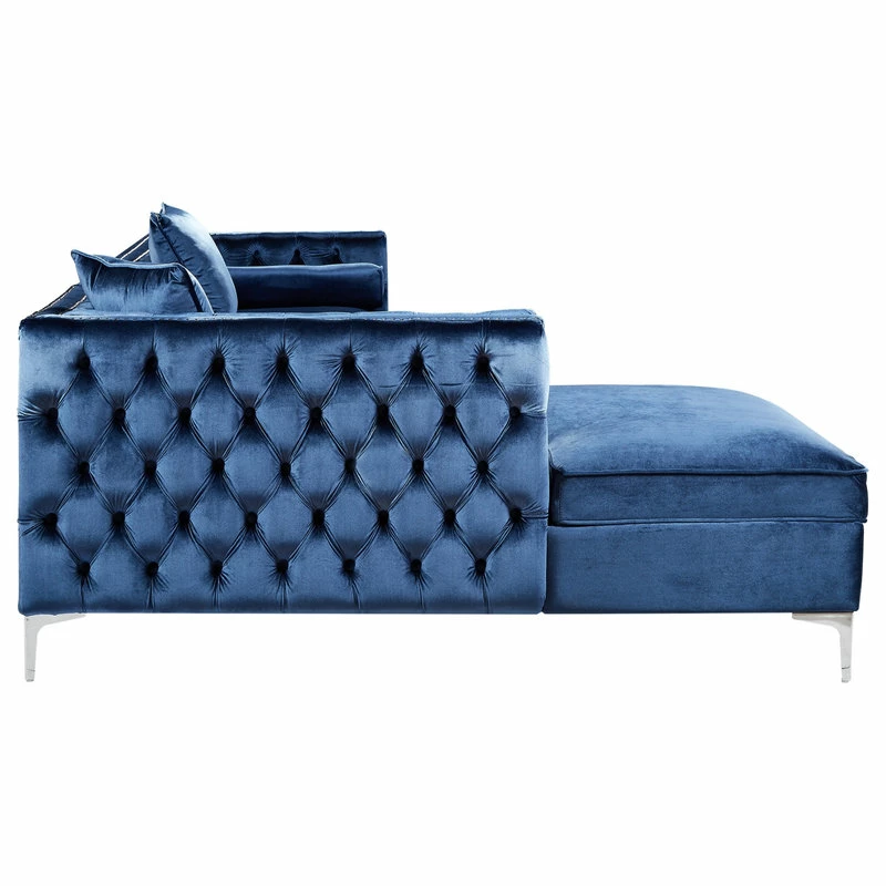 Inspired Home Jeannie Velvet Tufted With Nailhead Trim Sectional, Navy, Left Facing Chaise - Image 6