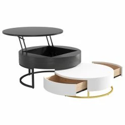 HOMARY Nesnesis Modern Round Nesting Wood Coffee Table With Drawers, White/Black