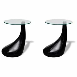 Vida XL International B.V. VidaXL Set Of 2 Side Coffee End Table High Gloss Black Base Tempered Glass Top