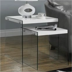 Monarch Nesting Table Side End Accent Bedroom Tempered Glass Glossy White