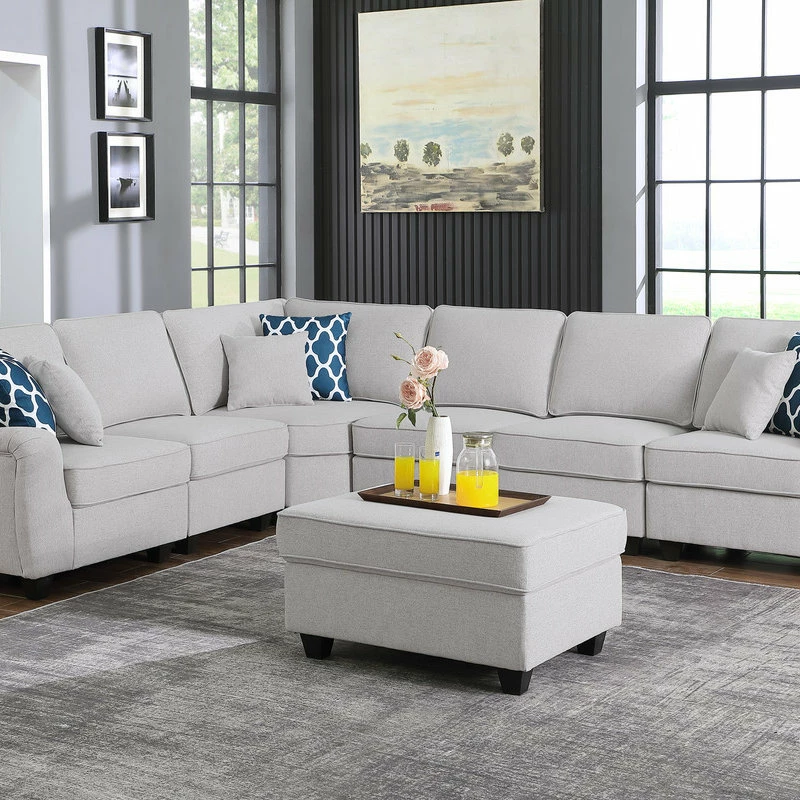 Lilola Home Leo Light Gray Linen Fabric 7Pc Modular L-Shape Sectional Sofa And Ottoman - Image 2