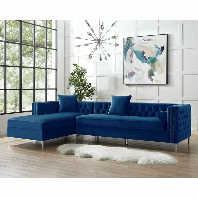 Inspired Home Jeannie Velvet Tufted With Nailhead Trim Sectional, Navy, Left Facing Chaise - Image 3