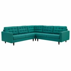 LexMod Empress 3-Piece Upholstered Fabric Sectional Sofa Set, Teal