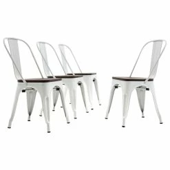 Belleze Wood Seat Metal Dining Chairs, Set Of 4, White