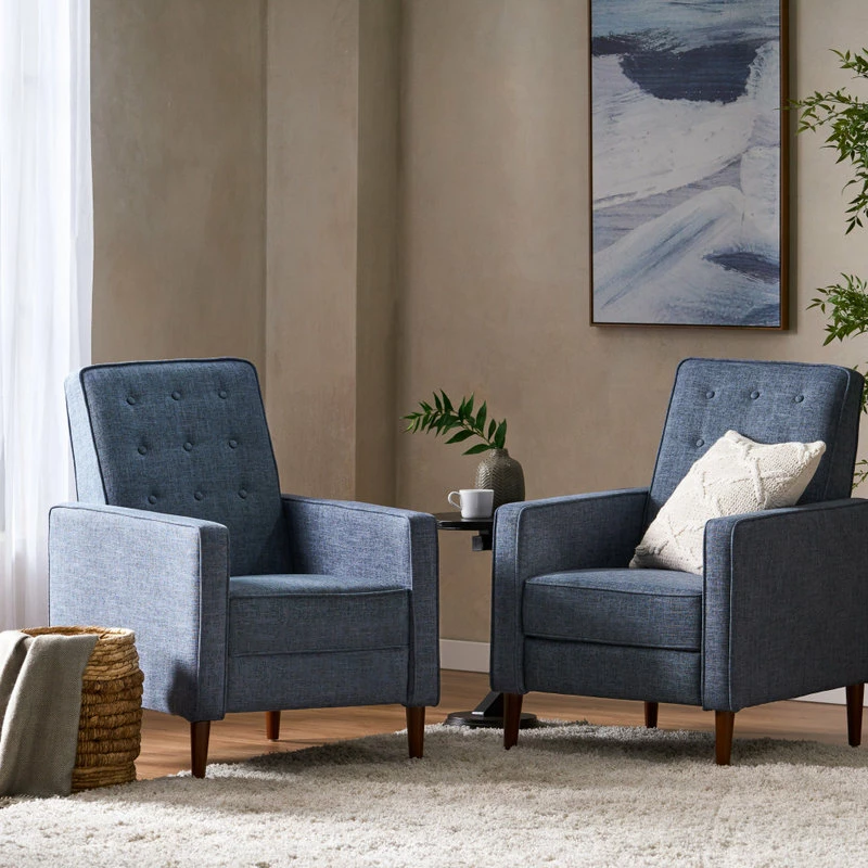GDFStudio Marston Mid-Century Modern Button Tufted Fabric Recliner, Set Of 2, Fabric/Dark Blue - Image 2