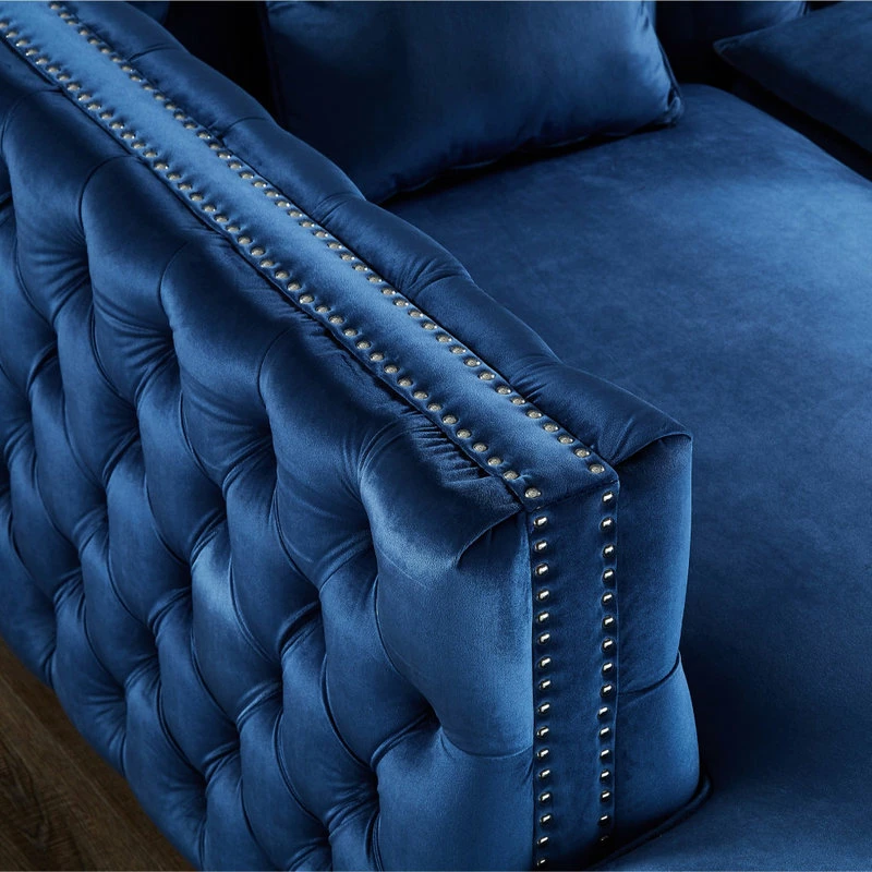 Inspired Home Jeannie Velvet Tufted With Nailhead Trim Sectional, Navy, Left Facing Chaise - Image 8