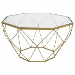 LeisureMod Large Modern Octagon Glass Top Coffee Table, Gold Chrome Base, Gold, MD31GG