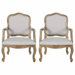 GDFStudio Stene French Country Upholstered Dining Armchair, Light Grey + Natural, Set Of 2