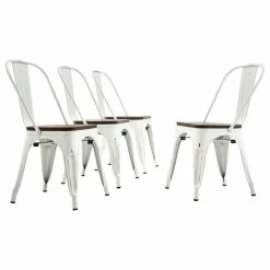 Belleze Wood Seat Metal Dining Chairs, Set Of 4, Antique White