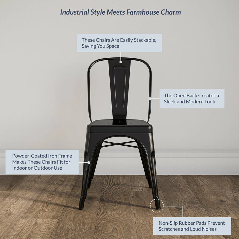 Belleze Trattoria Dining Chair, Metal, Stackable, Set Of 4, Black - Image 4