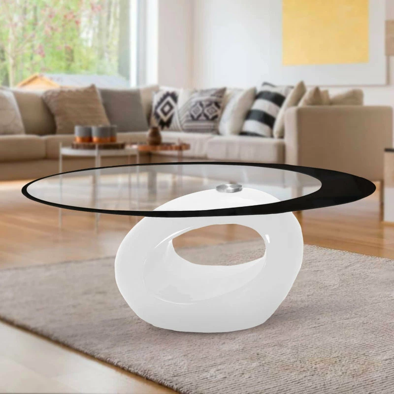Fab Glass And Mirror Stylish Oval Shape Coffee Table, White - Image 5