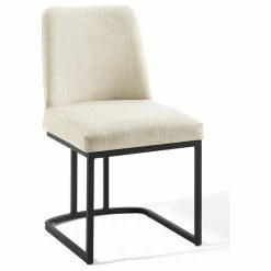 LexMod Amplify Sled Base Upholstered Fabric Dining Side Chair, Black Beige