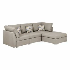 Lilola Home Amira Beige Linen Fabric Sectional Sofa With Ottoman And Pillows